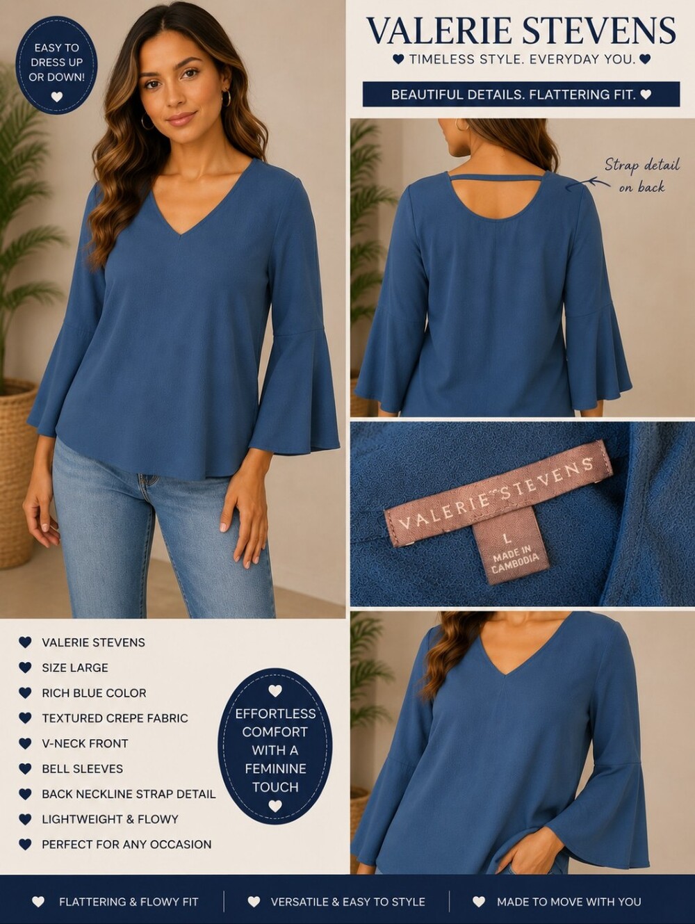 Valerie Stevens SIZE L Blue V-Neck Bell Sleeve Sweater